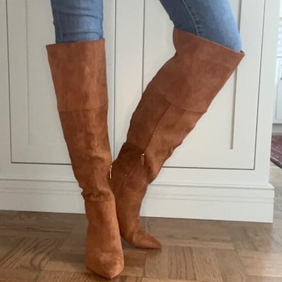 🆕Women Dark Brown Suede Thigh High Pointed Toe Kitten Heel Over the Knee Boot - Picture 1 of 9